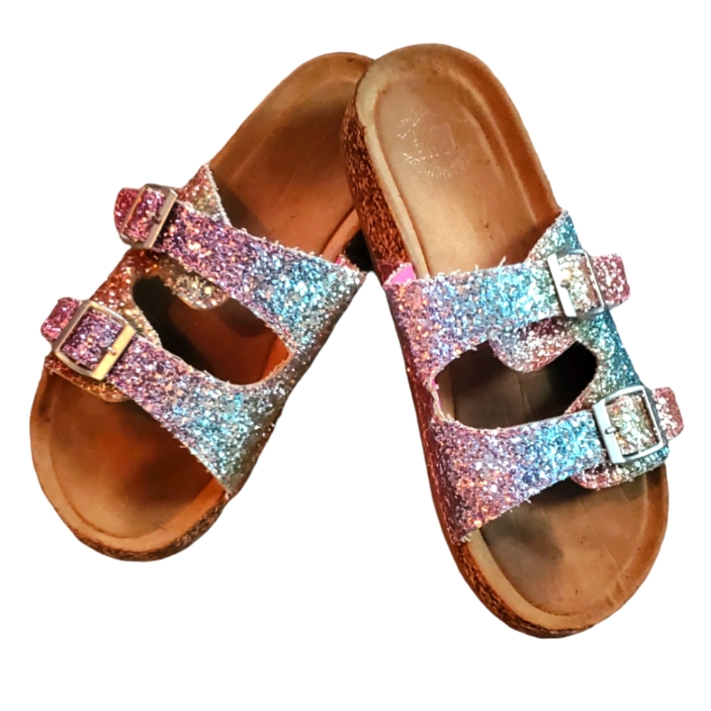 True Craft Youth Girls Rainbow Glitter Slip On Sandals W Adjt Straps‎ Sz 4